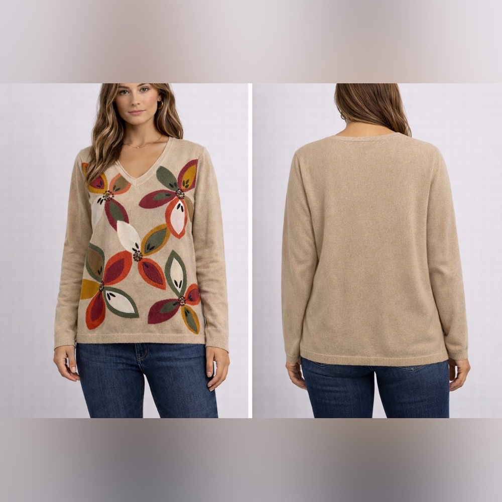 Alfred Dunner Beige V-Neck Sweater with Multicolor Floral Appliqué BB5